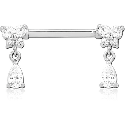SURGICAL STEEL NIPPLE PIERCING INTERNAL THREADED BAR WITH MOVING CHARM FINE JEWELLED