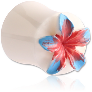 ORGANIC CARVED BONE PLUG DOUBLE FLARE - FLOWER PINK-BLUE