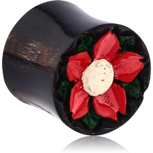 ORGANIC CARVED HORN HOLLOW PLUG DOUBLE FLARE - RED FLOWER