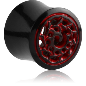 ORGANIC CARVED HORN HOLLOW PLUG DOUBLE FLARE TRIBAL - RED FLAMES