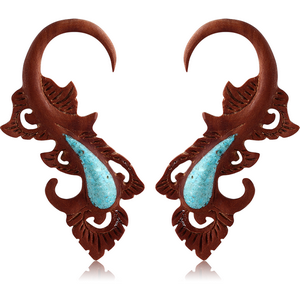 ORGANIC WOODEN CLAW EARRINGS PAIR -SAWO TUEQOISE INLAID