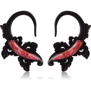 ORGANIC WOODEN CLAW EARRINGS PAIR IRON CORAL INLAID