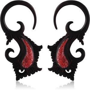 ORGANIC WOODEN CLAW EARRINGS PAIR IRON CORAL INLAID