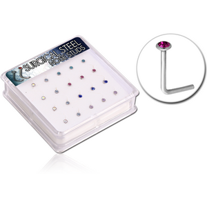 BOX OF 20 SURGICAL STEEL JEWELLED 90 DEGREE NOSE STUDS