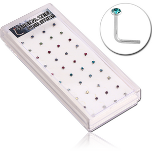 BOX OF 40 SURGICAL STEEL JEWELLED 90 DEGREE NOSE STUDS