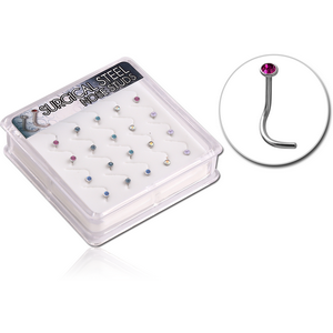 BOX OF 20 SURGICAL STEEL JEWELLED CURVED NOSE STUDS
