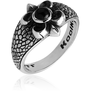 SURGICAL STEEL KOOL KATANA RING WITH ONYX - FLEUR DE LIS