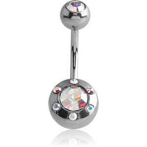SURGICAL STEEL DOUBLE JEWELLED MULTI STONES LARGE NAVEL BANANA
