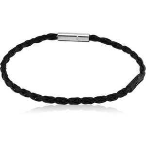 IMITATION LEATHER WEAVED BRACELET WITH RHODIUM PLATED BRASS TUBE TYPE PUSH FIT LOCKER