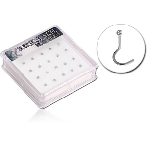 BOX OF 20 SURGICAL STEEL JEWELLED LARGE LEFT CURVED NOSE STUDS