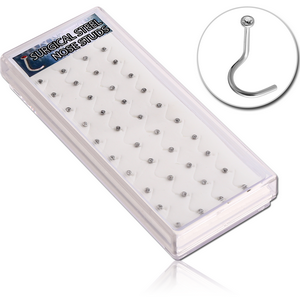 BOX OF 40 SURGICAL STEEL JEWELLED LARGE LEFT CURVED NOSE STUDS