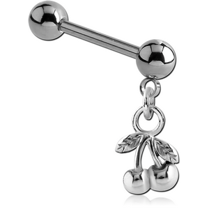 SURGICAL STEEL MICRO BARBELL WITH DANGLING CHARM - CHERRIES