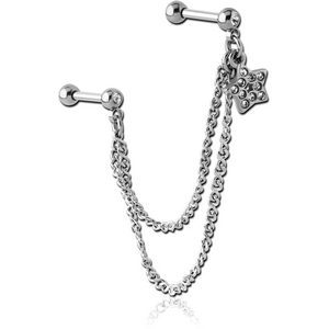 SURGICAL STEEL JEWELLED TRAGUS MICRO BARBELLS CHAIN LINKED - STAR