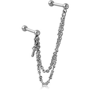 SURGICAL STEEL JEWELLED TRAGUS MICRO BARBELLS CHAIN LINKED - KEY