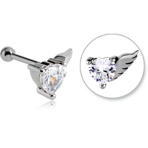 SURGICAL STEEL JEWELLED WINGED HEART TRAGUS MICRO BARBELL