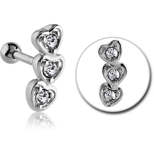 SURGICAL STEEL JEWELLED TRAGUS MICRO BARBELL - THREE HEARTS