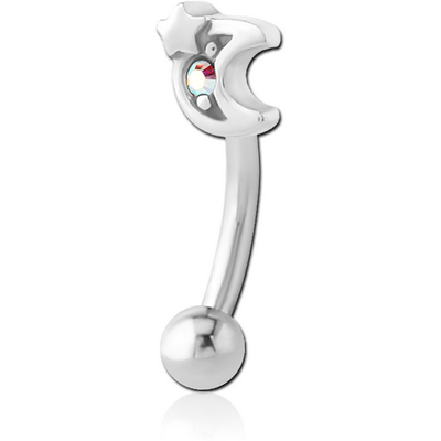 SURGICAL STEEL JEWELLED FANCY CURVED MICRO BARBELL - CRESCENT AND STAR