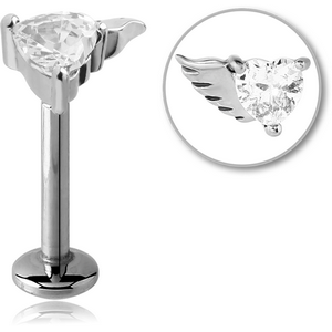 SURGICAL STEEL MICRO LABRET WITH JEWELLED ATTACHMENT - HEART WITH LEFT WING