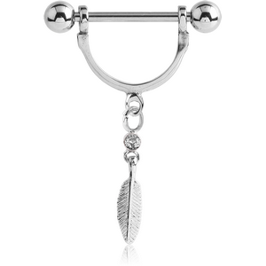 SURGICAL STEEL NIPPLE STIRRUP WITH JEWELLED FEATHER DANGLING CHARM