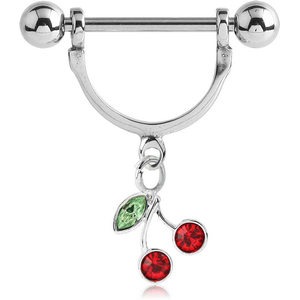 SURGICAL STEEL NIPPLE STIRRUP WITH JEWELLED CHERRIES DANGLING CHARM