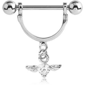 SURGICAL STEEL NIPPLE STIRRUP WITH WINGED JEWELLED HEART DANGLING CHARM