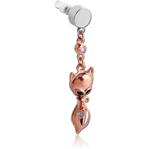 UV ACRYLIC MOBILE PHONE PLUG WITH ROSE GOLD PVD COATED BRASS JEWELLED CHARM - CAT