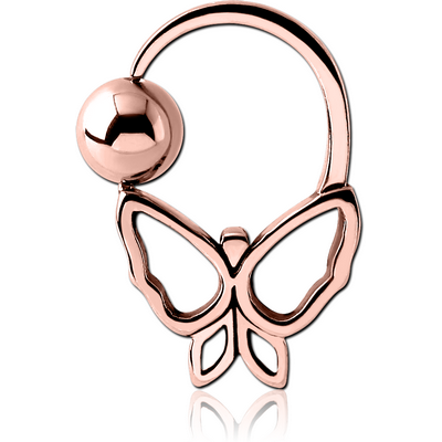 ROSE GOLD PVD COATED SURGICAL STEEL BUTTERFLY SIDE BALL CLOSURE RING