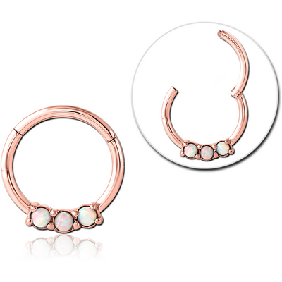 ROSE GOLD PVD COATED SURGICAL STEEL ROUND SYNTHETIC OPAL HINGED SEGMENT RING
