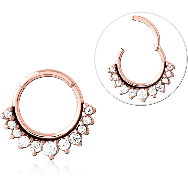 ROSE GOLD PVD COATED SURGICAL STEEL ROUND JEWELLED HINGED SEGMENT RING