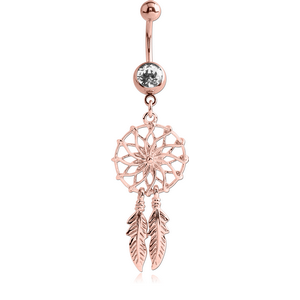 ROSE GOLD PVD COATED SURGICAL STEEL JEWELLED NAVEL BANANA WITH DANGLING CHARM - DREAMCATCHER FEATHER