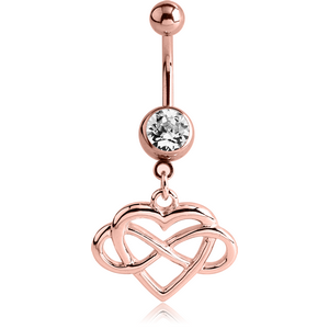 ROSE GOLD PVD COATED BRASS JEWELLED NAVEL BANANA WITH DANGLING CHARM - ENTANGLED HEART AND INFINITY