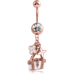 ROSE GOLD PVD COATED SURGICAL STEEL JEWELLED NAVEL BANANA WITH DANGLING ENAMEL CHARM - HANDBAG