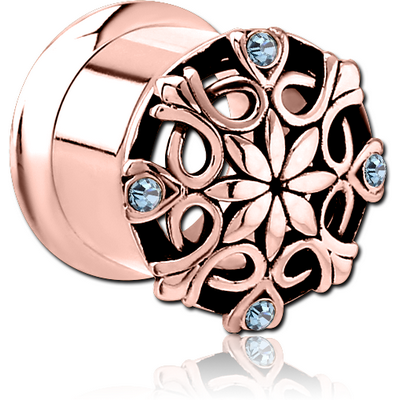 ROSE GOLD PVD COATED STAINLESS STEEL DOUBLE FLARED INTERNALLY THREADED JEWELLED TUNNEL