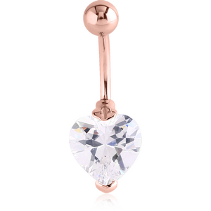 ROSE GOLD PVD COATED SURGICAL STEEL HEART PRONG SET 10MM CZ JEWELLED NAVEL BANANA