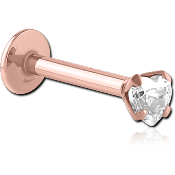 ROSE GOLD PVD COATED SURGICAL STEEL INTERNALLY THREADED HEART PRONG SET JEWELLED MICRO LABRET