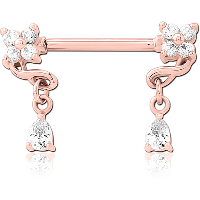 ROSE GOLD PVD COATED SURGICAL STEEL NIPPLE PIERCING INTERNAL THREADED BAR WITH MOVING CHARM FINE JEWELLED