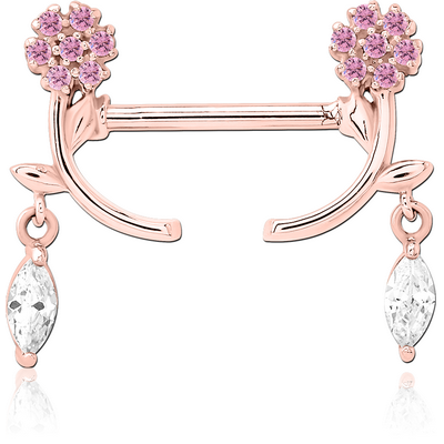 ROSE GOLD PVD COATED SURGICAL STEEL NIPPLE PIERCING INTERNAL THREADED BAR WITH MOVING CHARM FINE JEWELLED