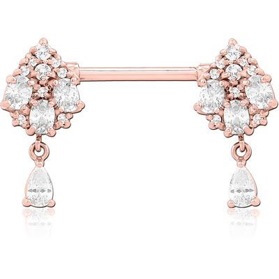 ROSE GOLD PVD COATED SURGICAL STEEL NIPPLE PIERCING INTERNAL THREADED BAR WITH MOVING CHARM FINE JEWELLED