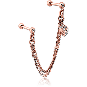 ROSE GOLD PVD COATED SURGICAL STEEL JEWELLED TRAGUS MICRO BARBELLS CHAIN LINKED - RUBIK