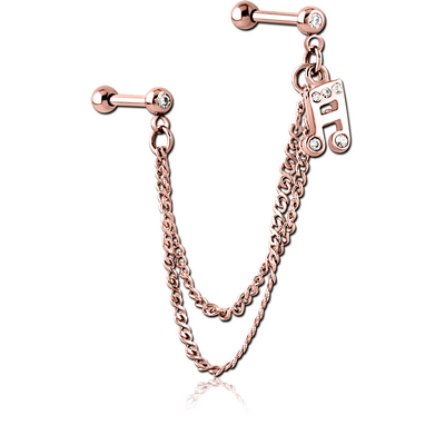 ROSE GOLD PVD COATED SURGICAL STEEL JEWELLED TRAGUS MICRO BARBELLS CHAIN LINKED - MUSIC NOTE