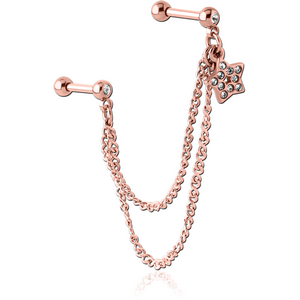 ROSE GOLD PVD COATED SURGICAL STEEL JEWELLED TRAGUS MICRO BARBELLS CHAIN LINKED - STAR