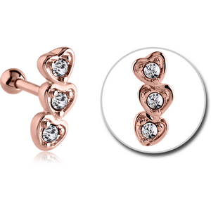 ROSE GOLD PVD COATED SURGICAL STEEL JEWELLED TRAGUS MICRO BARBELL - THREE HEARTS