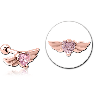 ROSE GOLD PVD COATED SURGICAL STEEL JEWELLED TRAGUS MICRO BARBELL - WINGED HEART