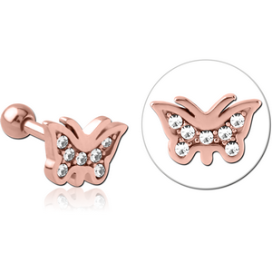 ROSE GOLD PVD COATED SURGICAL STEEL JEWELLED TRAGUS MICRO BARBELL - BUTTERFLY