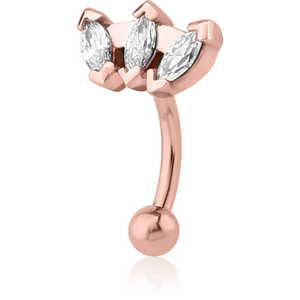 ROSE GOLD PVD COATED SURGICAL STEEL JEWELLED FANCY CURVED MICRO BARBELL - TRIPLE