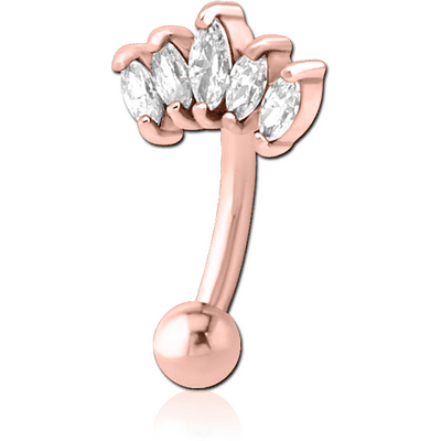 ROSE GOLD PVD COATED SURGICAL STEEL JEWELLED FANCY CURVED MICRO BARBELL - FIVE GEMS