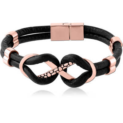 ROSE GOLD PVD COATED SURGICAL STEEL BRACELET WITH LEATHER