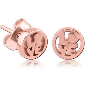 ROSE GOLD PVD COATED SURGICAL STEEL EAR STUDS PAIR - LOVE IN CIRCLE