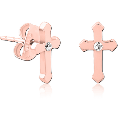 ROSE GOLD PVD COATED SURGICAL STEEL JEWELLED EAR STUDS - CROSS
