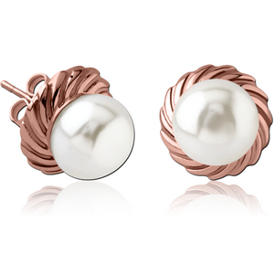 ROSE GOLD PVD COATED SURGICAL STEEL EAR STUDS PAIR WITH SYNTATIC PEARL - FILIGREE